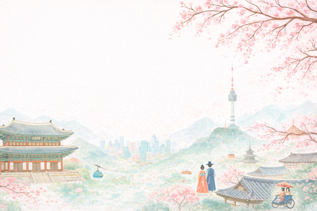 韓國旅遊水彩插畫背景 South Korea watercolor travel illustration